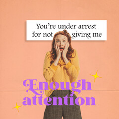 Creative conceptual poster with beautiful stylish young emotional woman in retro style outfit over light background with phrases in magazine style.