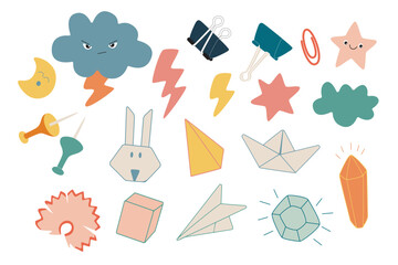 Sketch in notebooks. Paper ship, plane, rabbit.  Binders, buttons, paper clips. Stars, clouds, diamonds. Cute School Supplies. Vector, kawaii