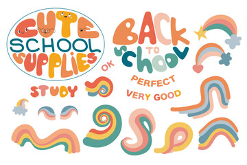 Cute School Supplies. Back to school. Study. Perfect. Very Good. Many Rainbows. Vector, kawaii