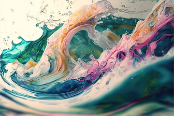 Fototapeta na wymiar a colorful wave of water with bubbles and bubbles on it's side, with a white background and a blue, yellow, pink, green, orange, and pink, and blue wave of water. Generative AI