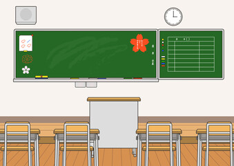 はっきりした線画の教室セット(黒板・教卓・机椅子など)