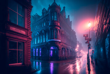 Fototapeta premium Wet night street of Old Victorian town in blue purple neon haze. Photorealistic Generative AI illustration in cyberpunk style. Gloomy urban scene.