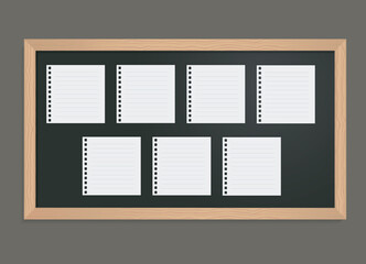 Set of white lined paper notes on black school chalkboard. 7 square empty papers with round holes on blackboard. EPS10.