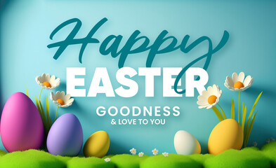 Happy Easter background with message, blue backround easter eggs and flowers scene