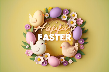 Happy Easter background with message, rounded frame and easter eggs scene