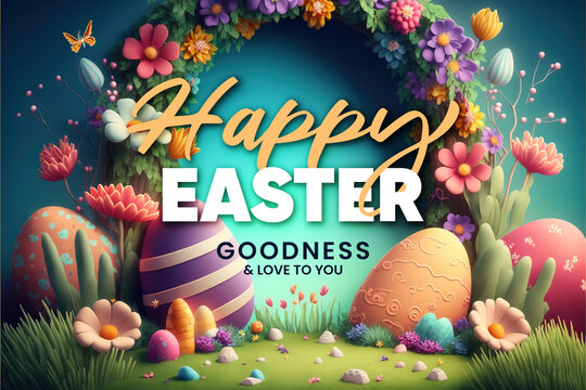 Happy Easter background with message, flower frame and easter eggs