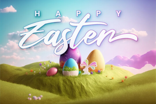 Happy Easter background with message, easter eggs and nature on a field with blue sky