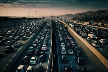 a highway filled with lots of traffic under a cloudy sky with mountains in the background and a sky filled with clouds in the distance with cars driving on the road and on the side of the.