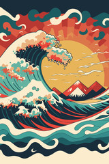 big ocean wave with sun poster in japanese style vector illustration