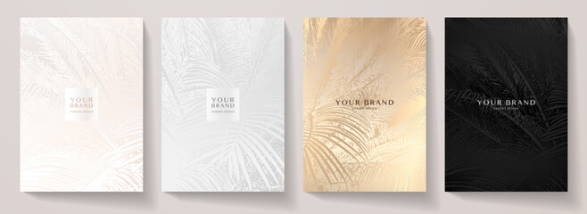 Tropical cover design set with palm leaf pattern (silver, black, gold palm tree leaves). Premium vector background useful for brochure template, exotic restaurant menu, invitation