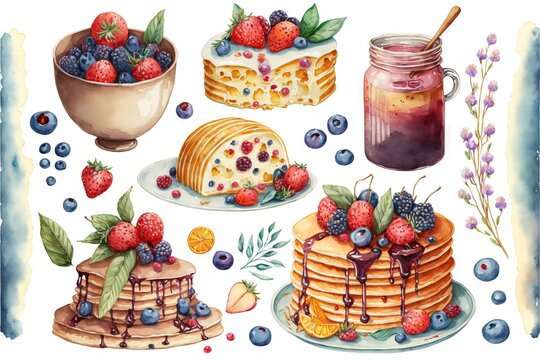 a watercolor painting of pancakes, berries, and a bowl of fruit on a plate with a spoon and a bowl of berries and a bowl of blueberries on a plate with leaves.