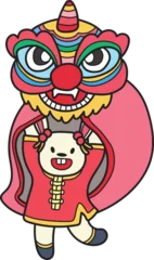 Fotobehang Hand Drawn Chinese lion dancing with a rabbit illustration © toonsteb