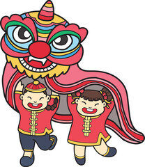 Hand Drawn Chinese lion dancing with Chinese children illustration