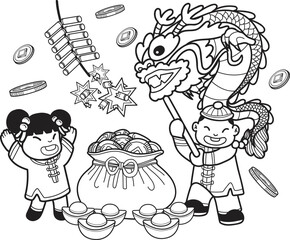 Hand Drawn Chinese boy dancing dragon with money bag and girl illustration