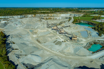 Aerial view of quarry and mining equipment