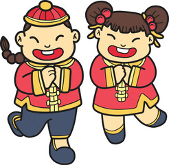 Hand Drawn Chinese boy and girl smiling and happy illustration