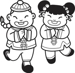 Hand Drawn Chinese boy and girl smiling and happy illustration