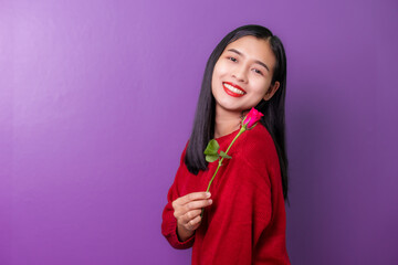 Profile portrait of asia beautiful young woman smelling and holding rose flowers isolated on violet color background for valentine day color tone