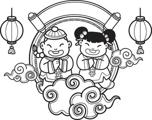 Hand Drawn Chinese boy and girl smiling and happy illustration