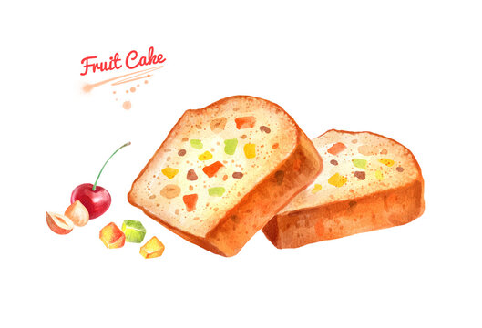 Hand painted watercolor illustration of Fruit Cake on white background