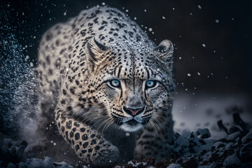 Naklejka na ściany i meble Snow leopard is hunting in the snow, Generative AI 
