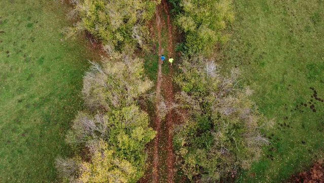 Deux personnes courant sur un chemin vu de dessus. Sentier en pleine nature entour&eacute; d'arbres et de v&eacute;g&eacute;tations avec deux coureurs faisant leur footing.