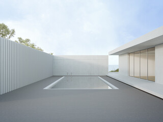Obraz premium House with concrete floor terrace near swimming pool. 3d rendering of modern home and sea view background.