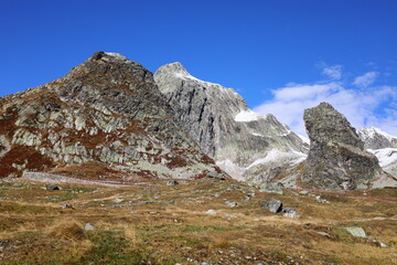 View on the Great St Bernard Pass which is the third highest road pass in Switzerland at an elevation of 2,469 m