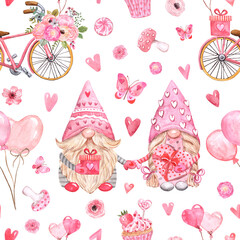 Watercolor Valentine's day seamless pattern. Cute gnome couple repeat print with red heart, flowers, gift, bike, air balloons on white background.
