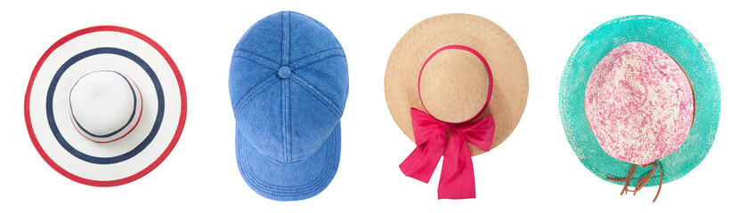 Straw hats with ribbon and bow on white background. Set beach hats summer accessory closeup top view isolated