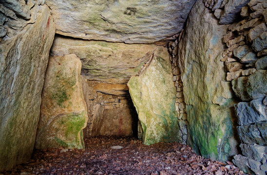 Hetty Peglers Tump aka Uley Long Barrow 5000+ year Neolithic chambered long barrow. Gloucestershire, UK. Gallery grave chamber interior from passage