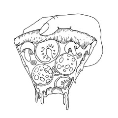 Pizza slice with cheese, mushroom, salami and tomato in hand. Vintage line sketch vector illustration