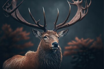 a close up of a deer with antlers on it's head and a dark background with trees and bushes in the background and a full moon in the sky with a few clouds.