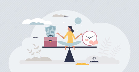 Work and life balance with career and relationship scale tiny person concept. Compare time for romantic recreation and professional ambitions vector illustration. Planning and strategy management.