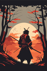 Silhouette of Japanese samurai warrior with sword standing on sunset art print © Vibrands Studio