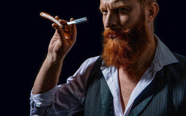 brutal barbering man isolated in black. barbering man in studio. barbering man