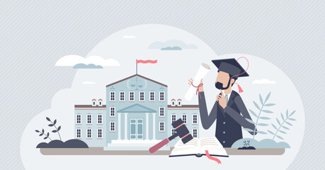 Law school graduation after lawyer education learning tiny person concept. Book study in university for justice knowledge degree vector illustration. Student with professional legal judgment skills. © VectorMine