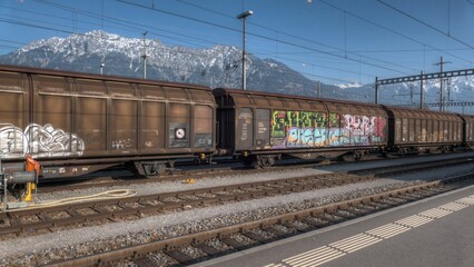 Fototapeta na wymiar Freight train with graffiti