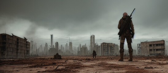 Illustration of a post apocalyptic ruined city. Destroyed buildings by nuclear attack, survivors visible in the shot