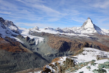 View on the Gornergrat is a rocky ridge of the Pennine Alps, overlooking the Gorner Glacier south-east of Zermatt in Switzerland