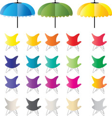 Patterned umbrellas and colorful chairs