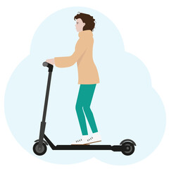 A brunette girl in a beige sweater and turquoise leggings on a scooter. Vector illustration