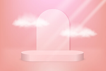 realistic 3d luxury gold pink pastel podium golden stage on pink background. background vector 3d pink rendering with podium and cloud white scene, cloud 3d minimal background 3d.