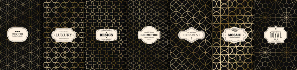 Collection of golden ornamental seamless vector geometric patterns - luxury grid gradient design. Rich endless art deco ornate backgrounds