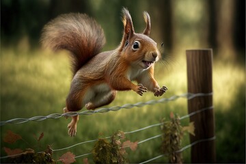 a squirrel is jumping over a wire fence in the grass and grass is growing on the fence and grass is growing on the wire fence and grass is growing on the other side of the fence.