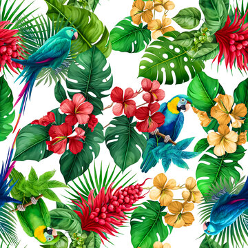 Seamless pattern parrot, watercolor painting tropical illustration, tropical leaves.