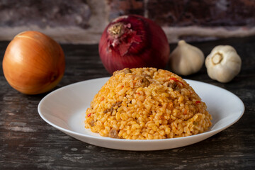 From traditional delicious Turkish cuisine; Bulgur pilaf with meat (Turkish name; etli bulgur pilavi)