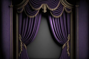 a room with a purple curtain and a black wall with a gold frame and a black floor with a black floor and a black wall with a gold trim and purple curtain and gold trim.