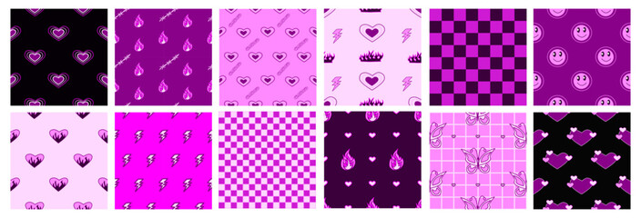 Y2k glamour pink seamless patterns. Backgrounds in trendy emo goth 2000s style. Butterfly, heart, chessboard, mesh, leopard, zebra. 90s, 00s aesthetic. Pink pastel colors. - obrazy, fototapety, plakaty