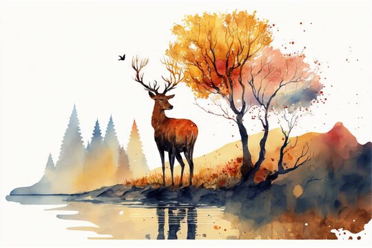 a painting of a deer standing next to a tree with a bird on it's head and a body of water in front of it with trees and a bird flying in the background. generative ai